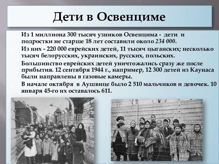 Дети в Освенциме Из 1 миллиона 300 тысяч узников Освенцима - дети
