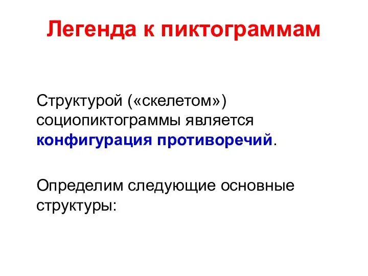 Структурой («скелетом») социопиктограммы является конфигурация противоречий. Определим следующие основные структуры: Легенда к пиктограммам