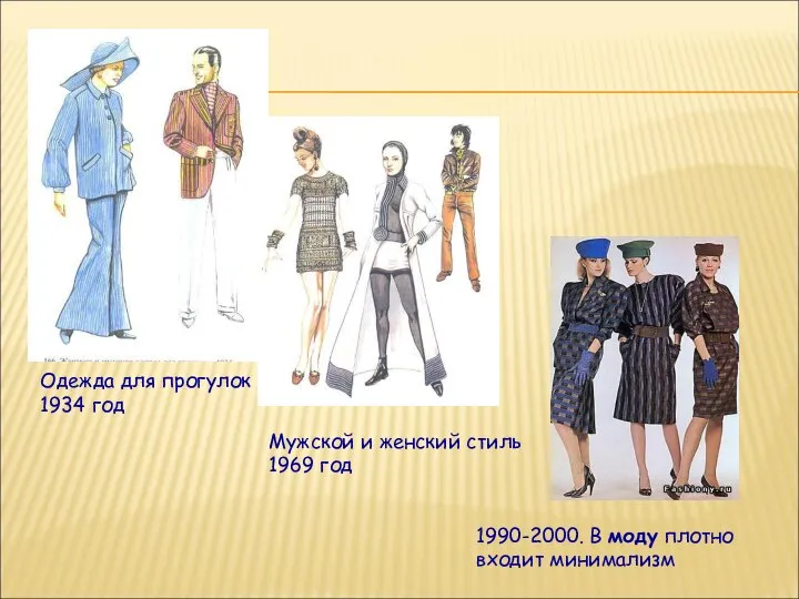 Одежда для прогулок 1934 год Мужской и женский стиль 1969 год 1990-2000.
