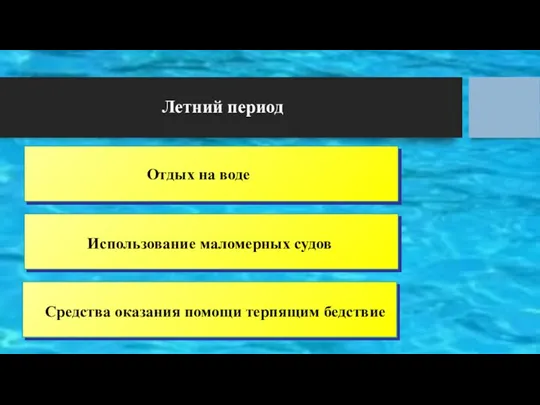 Летний период Отдых на воде Использование маломерных судов Средства оказания помощи терпящим бедствие