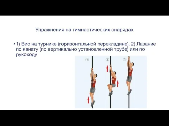 Упражнения на гимнастических снарядах 1) Вис на турнике (горизонтальной перекладине). 2) Лазание
