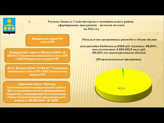 Расходы бюджета Солнечногорского муниципального района сформированы программно – целевым методом на 2016