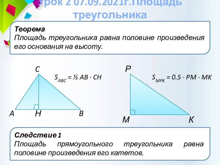 Теорема Площадь треугольника равна половине произведения его основания на высоту. Урок 2