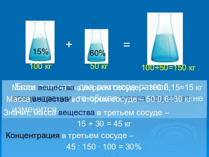 + = Если смешать два раствора разной концентрации, то общая масса вещества