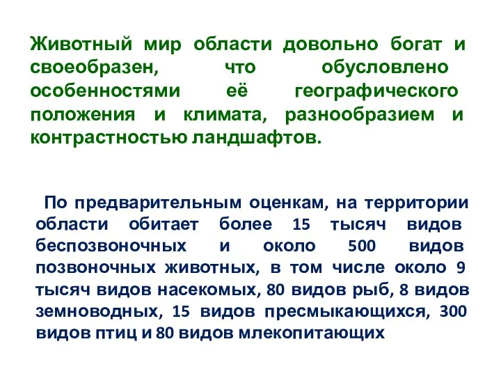 Животный мир области довольно богат и своеобразен, что обусловлено особенностями её географического