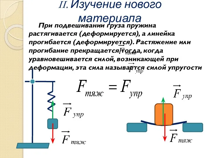 При подвешивании груза пружина растягивается (деформируется), а линейка прогибается (деформируется). Растяжение или