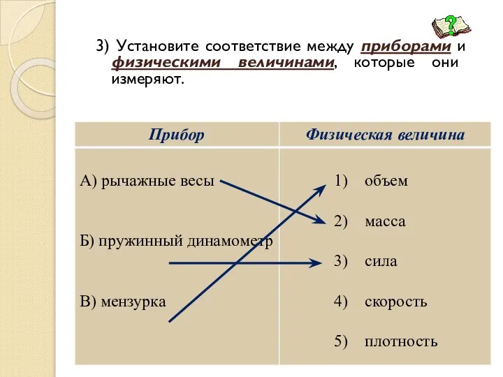 3) Установите соответствие между приборами и физическими величинами, которые они измеряют.