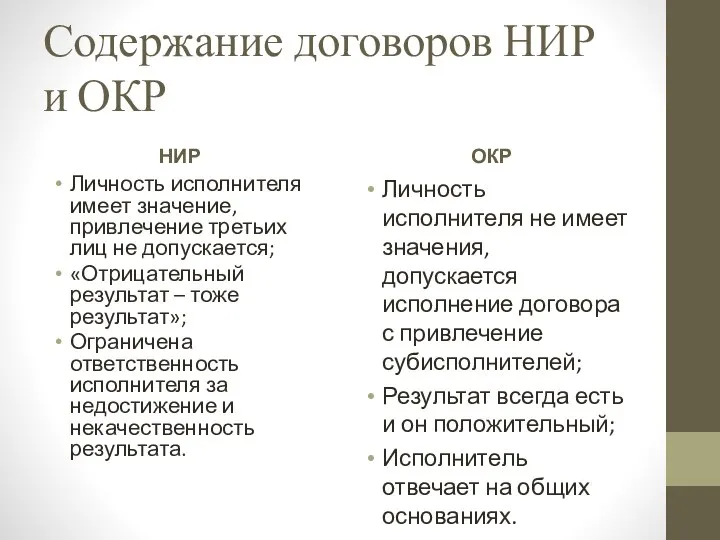 Содержание договоров НИР и ОКР НИР Личность исполнителя имеет значение, привлечение третьих