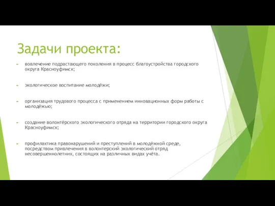 Задачи проекта: вовлечение подрастающего поколения в процесс благоустройства городского округа Красноуфимск; экологическое