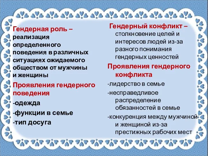 Гендерная роль –реализация определенного поведения в различных ситуациях ожидаемого обществом от мужчины