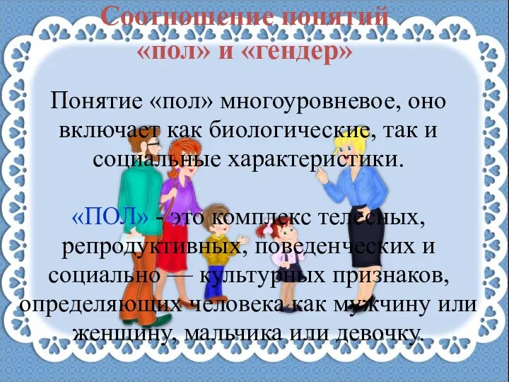 Соотношение понятий «пол» и «гендер» Понятие «пол» многоуровневое, оно включает как биологические,