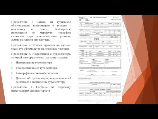 Приложения 1 Заявка, на туристское обслуживание; информацию о туристе – основному по