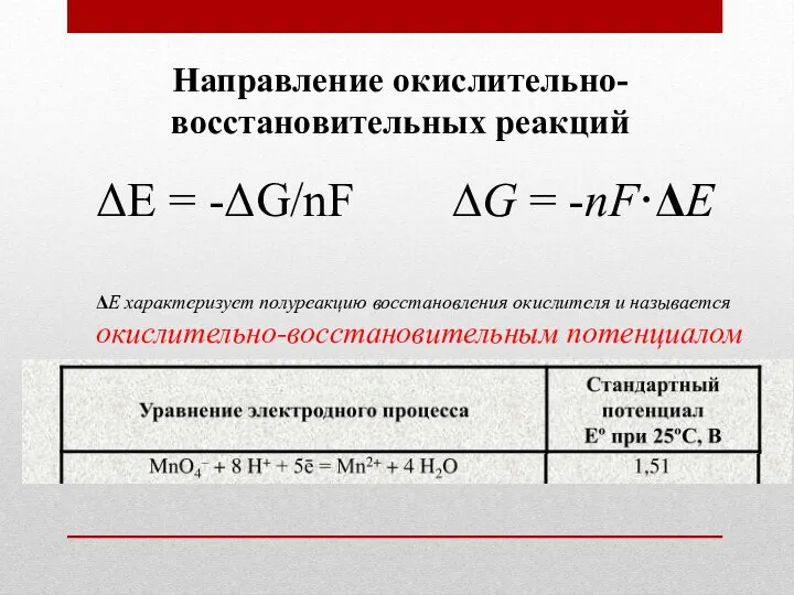 Направление окислительно-восстановительных реакций ΔE = -ΔG/nF ∆G = -nF·ΔE ΔE характеризует полуреакцию