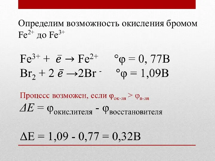 Определим возможность окисления бромом Fe2+ до Fe3+