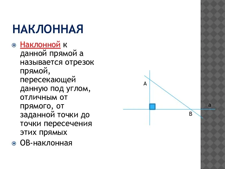 НАКЛОННАЯ Наклонной к данной прямой а называется отрезок прямой, пересекающей данную под