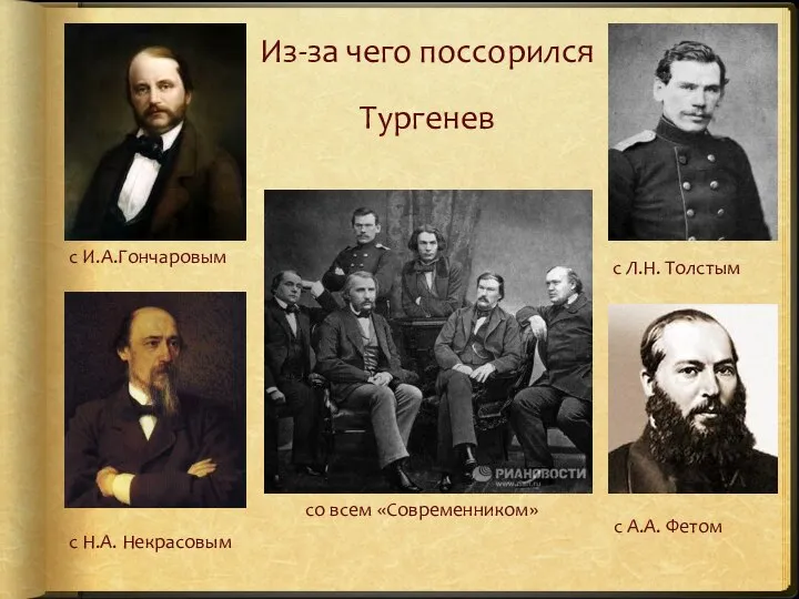 Из-за чего поссорился Тургенев с И.А.Гончаровым с Л.Н. Толстым со всем «Современником»