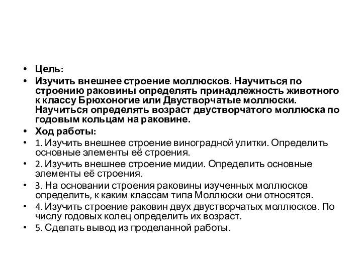 Цель: Изучить внешнее строение моллюсков. Научиться по строению раковины определять принадлежность животного