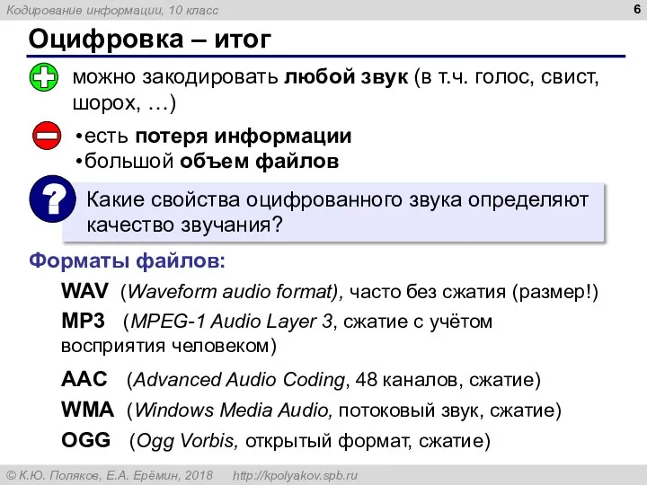 Оцифровка – итог можно закодировать любой звук (в т.ч. голос, свист, шорох,