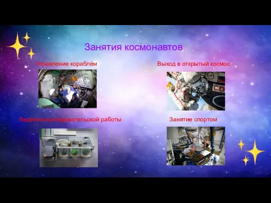 Занятия космонавтов Управление кораблём Выход в открытый космос Ведение исследовательской работы Занятие спортом