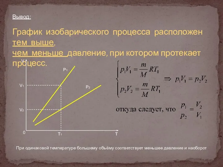 Вывод: График изобарического процесса расположен тем выше, чем меньше давление, при котором