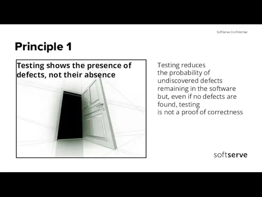 Principle 1 Testing reduces the probability of undiscovered defects remaining in the