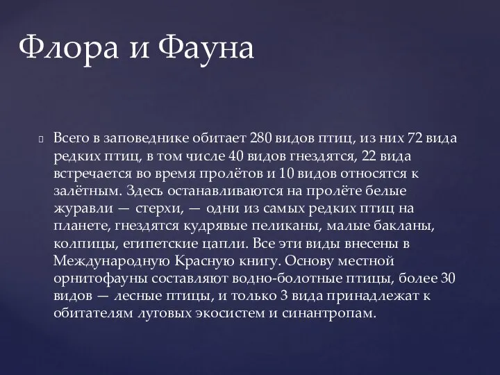 Всего в заповеднике обитает 280 видов птиц, из них 72 вида редких