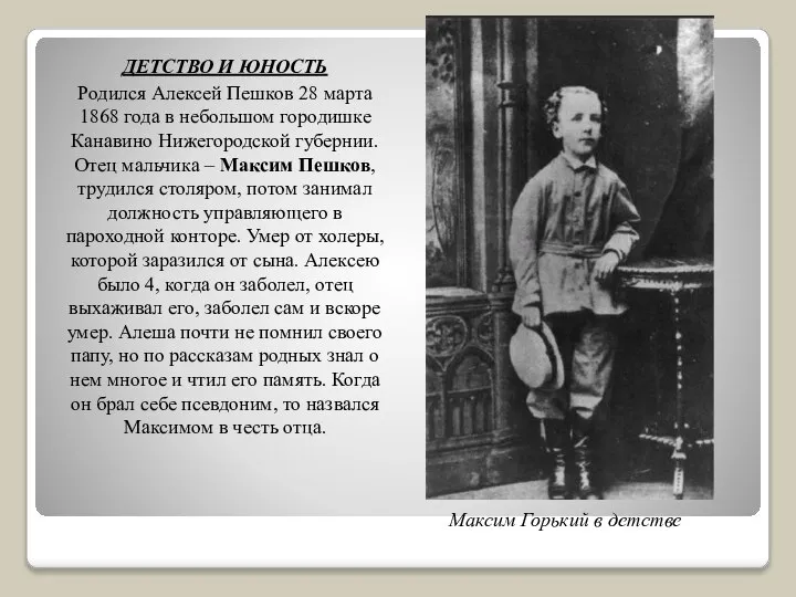 ДЕТСТВО И ЮНОСТЬ Родился Алексей Пешков 28 марта 1868 года в небольшом
