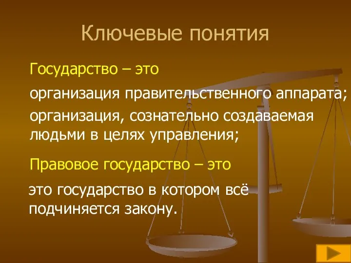 Ключевые понятия это государство в котором всё подчиняется закону. Государство – это