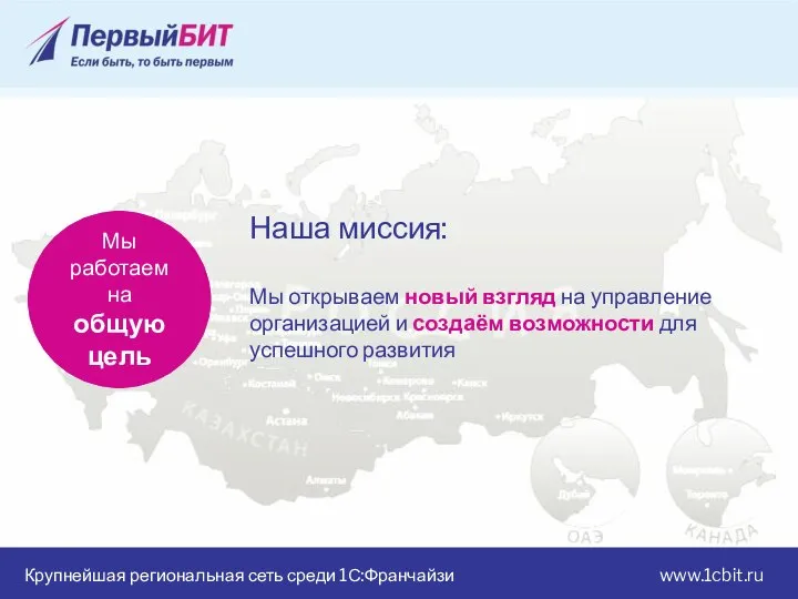 Крупнейшая региональная сеть среди 1С:Франчайзи www.1cbit.ru Мы работаем на общую цель Наша