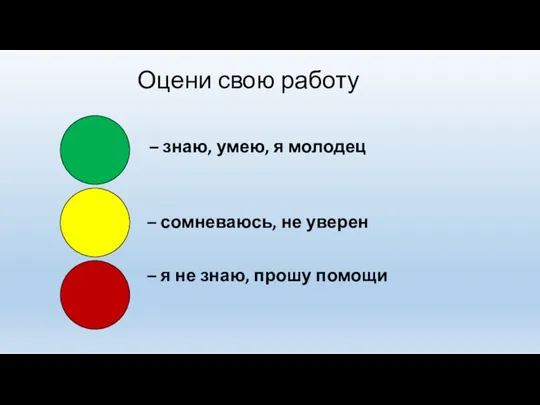 Оцени свою работу – знаю, умею, я молодец – сомневаюсь, не уверен