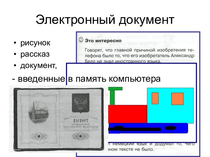 Электронный документ рисунок рассказ документ, - введенные в память компьютера
