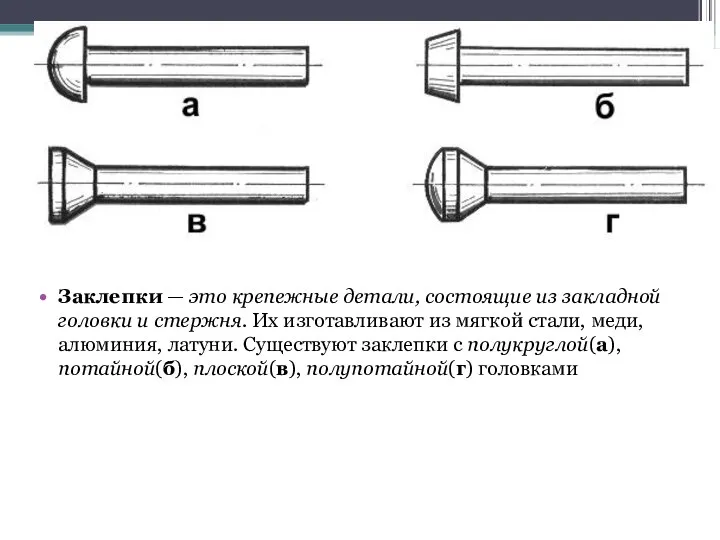 Заклепки — это крепежные детали, состоящие из закладной головки и стержня. Их