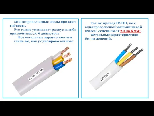 Многопроволочные жилы придают гибкость. Это также уменьшает радиус изгиба при монтаже до