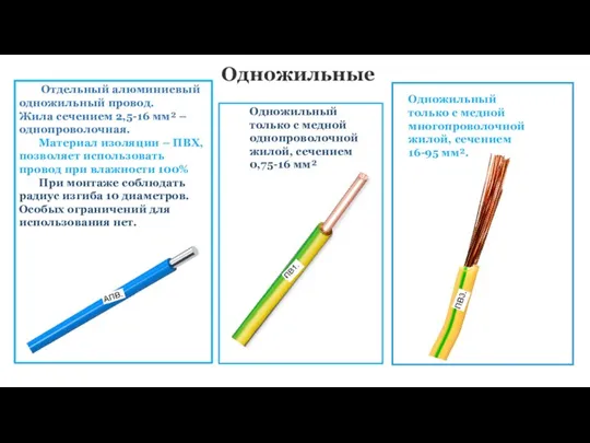 Одножильные Отдельный алюминиевый одножильный провод. Жила сечением 2,5-16 мм² – однопроволочная. Материал