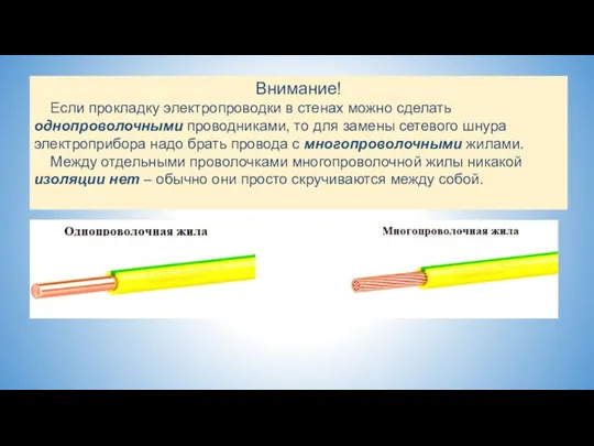 Внимание! Если прокладку электропроводки в стенах можно сделать однопроволочными проводниками, то для