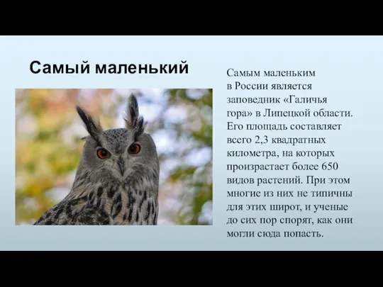 Самый маленький Самым маленьким в России является заповедник «Галичья гора» в Липецкой