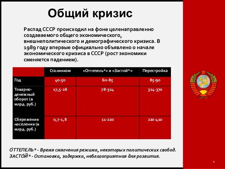 Общий кризис Распад СССР происходил на фоне целенаправленно создаваемого общего экономического, внешнеполитического