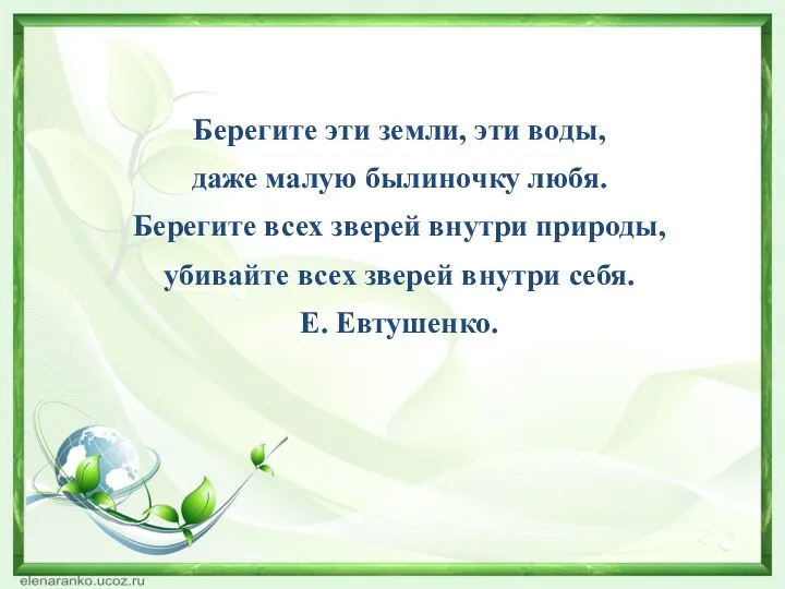 Берегите эти земли, эти воды, даже малую былиночку любя. Берегите всех зверей