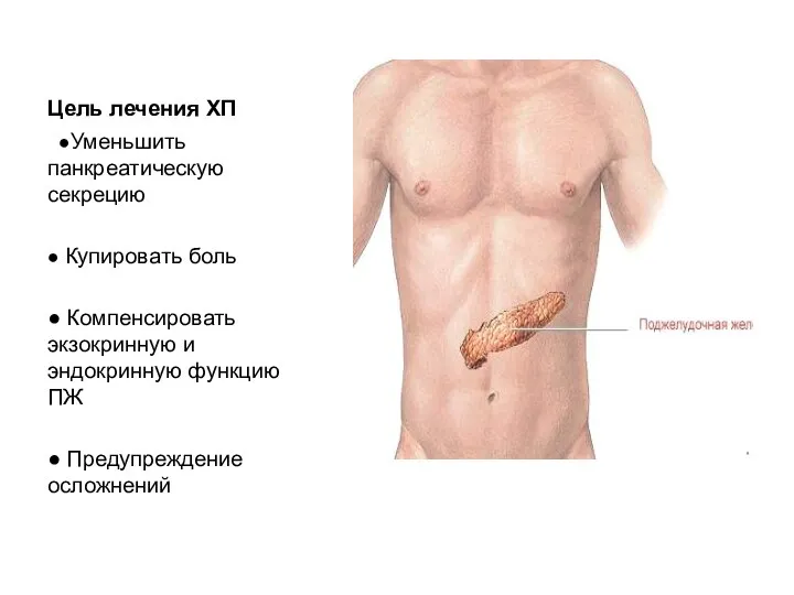 Цель лечения ХП ●Уменьшить панкреатическую секрецию ● Купировать боль ● Компенсировать экзокринную