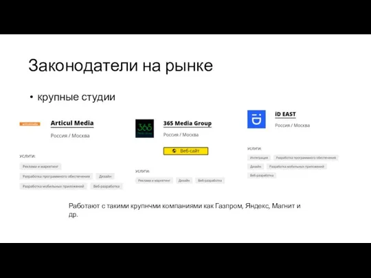 Законодатели на рынке крупные студии Работают с такими крупнчми компаниями как Газпром, Яндекс, Магнит и др.