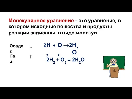 Молекулярное уравнение – это уравнение, в котором исходные вещества и продукты реакции