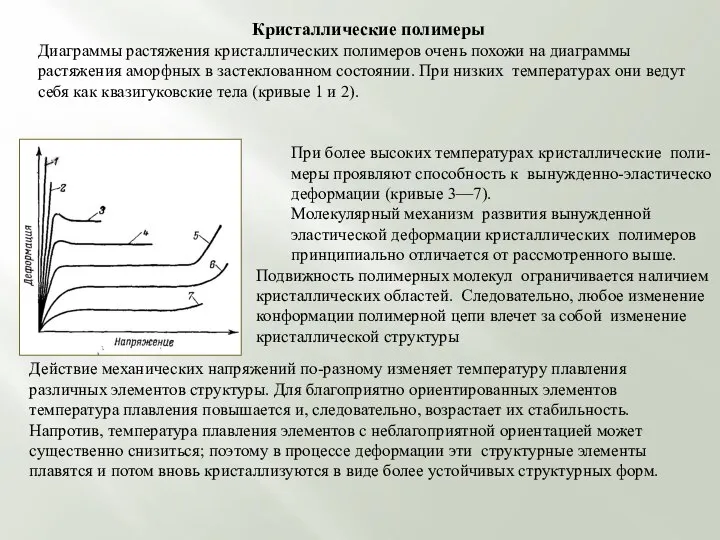 Кристаллические полимеры Диаграммы растяжения кристаллических полимеров очень похожи на диаграммы растяжения аморфных