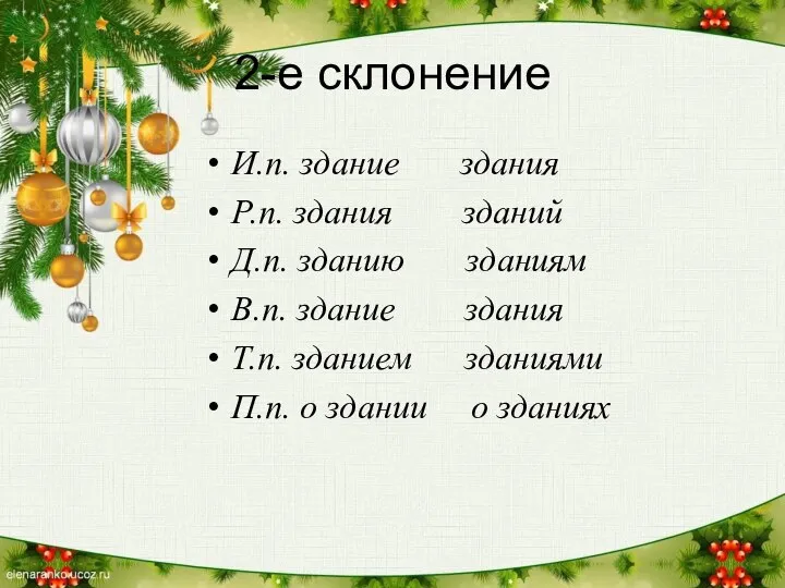 2-е склонение И.п. здание здания Р.п. здания зданий Д.п. зданию зданиям В.п.