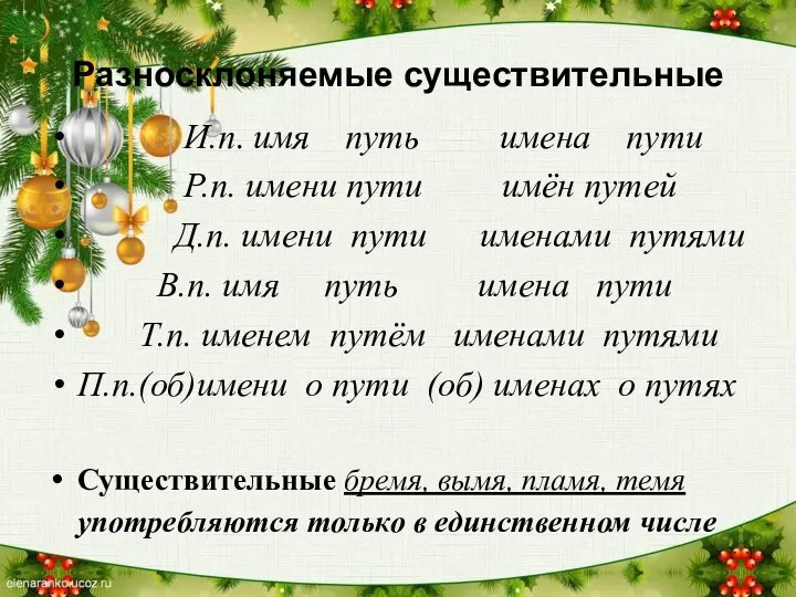 Разносклоняемые существительные И.п. имя путь имена пути Р.п. имени пути имён путей