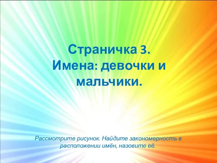 Страничка 3. Имена: девочки и мальчики. Рассмотрите рисунок. Найдите закономерность в расположении имён, назовите её.