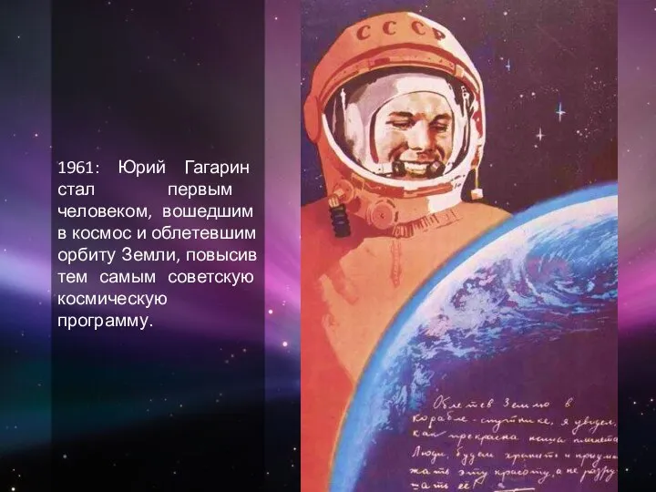 1961: Юрий Гагарин стал первым человеком, вошедшим в космос и облетевшим орбиту