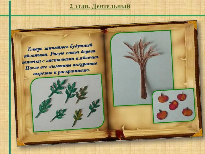 2 этап. Деятельный Теперь занимаюсь будующей яблонькой. Рисую ствол дерева, веточки с