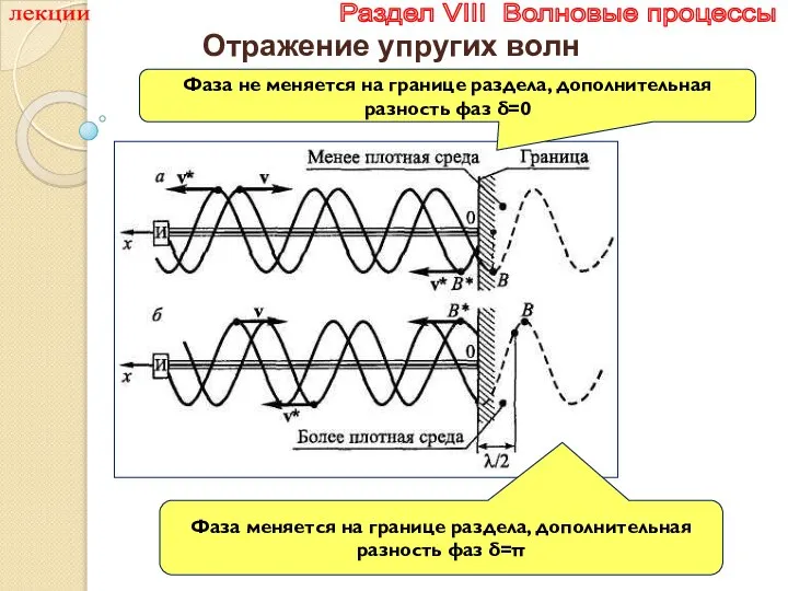 лекции Раздел VIII Волновые процессы Отражение упругих волн Фаза не меняется на