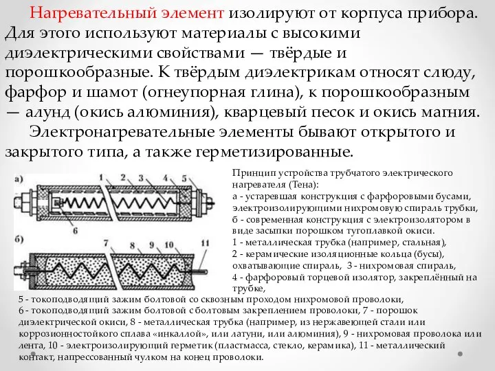 Нагревательный элемент изолируют от корпуса прибора. Для этого используют материалы с высокими