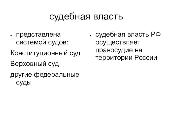 судебная власть представлена системой судов: Конституционный суд Верховный суд другие федеральные суды